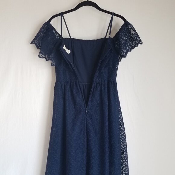 H&M Lace Off Shoulder Midi Dress Navy Blue SIZE 4 Spaghetti Strap Elastic - Picture 4 of 16
